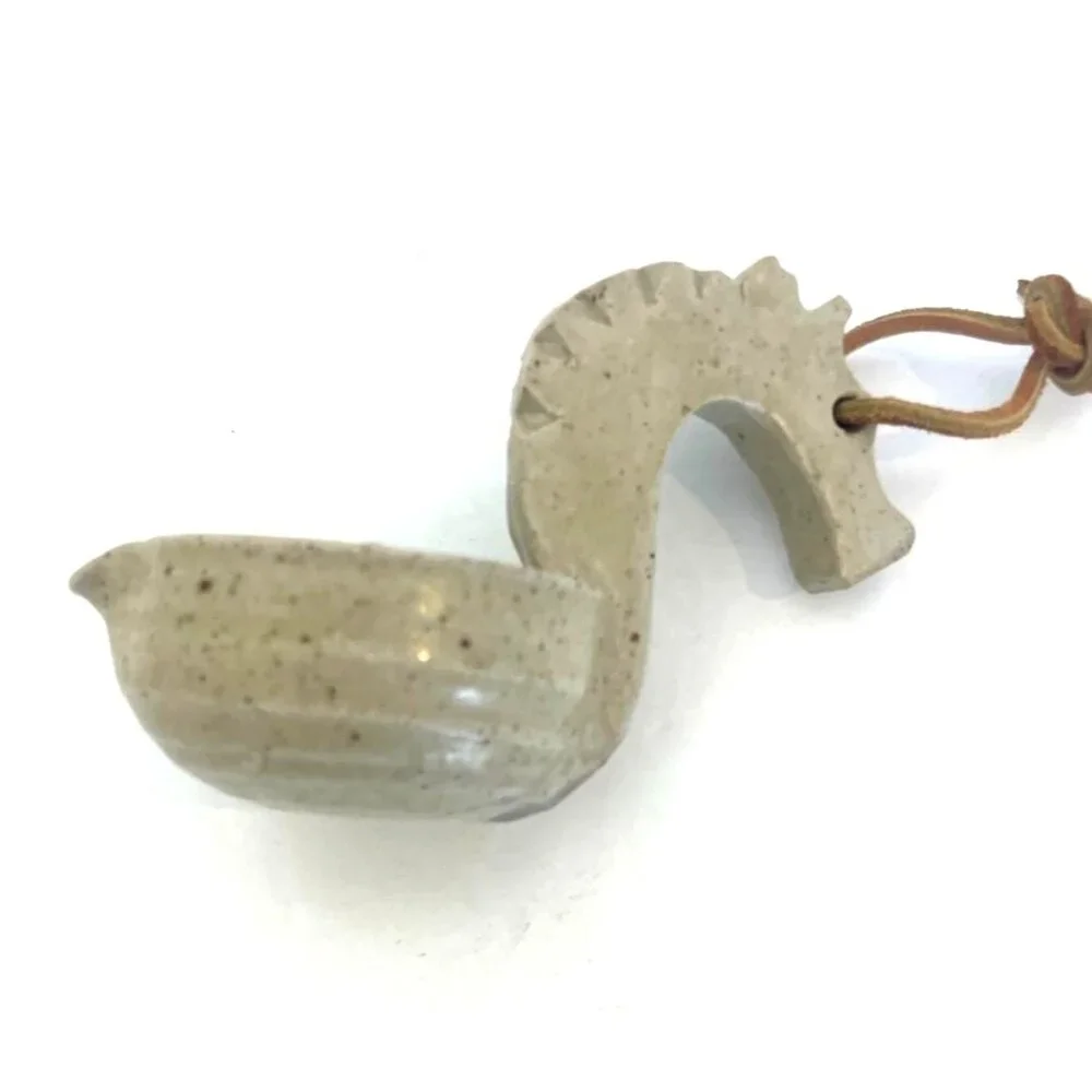 Dragon-Shaped Stoneware Ladle With Leather Loop Artist Stamped Made in 1992